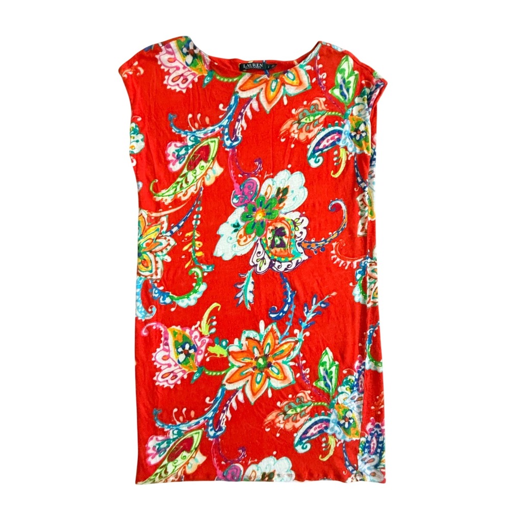 Lauren Ralph Lauren Red Floral Paisley Linen Shift Dress Womens Large Sleeveless